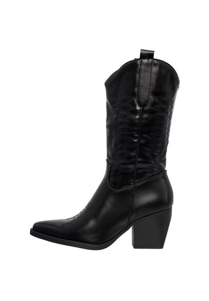 Zwarte leren cowboylaars met een spitse neus, decoratieve stiksels, een blokhak van gemiddelde hoogte en trekbandjes aan de bovenkant voor gemakkelijk aan- en uittrekken.