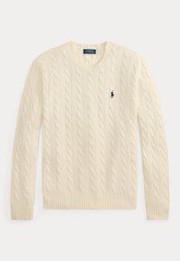 Jersey de punto trenzado color crema con mangas largas y cuello redondo, con pequeño logotipo de Polo Ralph Lauren en el pecho.