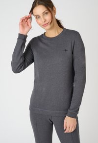 Grijze sweatshirt met lange mouwen en een ronde hals, ribgebreide boorden en een klein logo op de borst. Zachte katoenmix stof met een gladde textuur.
