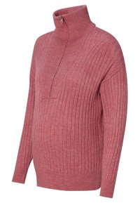 Pull de maternité en maille côtelée rose pâle avec manches longues et col montant à demi-fermeture éclair pour un ajustement modulable.