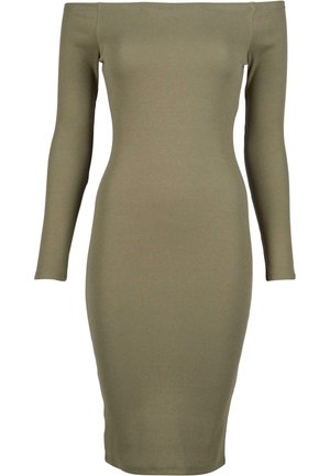 Olivgrünes, geripptes, schulterfreies Kleid mit langen Ärmeln und taillierter Silhouette, das bis zum Knie reicht. Keine sichtbaren Beschläge oder Muster.