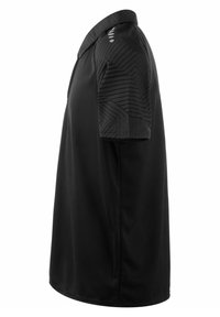 Schwarzes Polo-Shirt mit einem einfarbigen Körper, strukturierten kurzärmeligen dunklen Mustern und einem klassischen Kragen. Es enthält drei Akzentpunkte auf der Schulter.