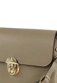 Beige leren handtas met een platte klepsluiting, gouden beslag en een schouderriem. Heeft zichtbare stiksels en een gestructureerde afwerking.