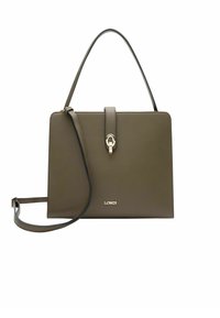 Olivgrüne Lederhandtasche mit strukturiertem Design, goldfarbener Hardware, einem vorderen Schnappverschluss und einem abnehmbaren Schulterriemen.