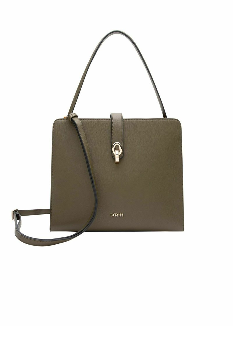 Olivgrüne Lederhandtasche mit strukturiertem Design, goldfarbener Hardware, einem vorderen Schnappverschluss und einem abnehmbaren Schulterriemen.
