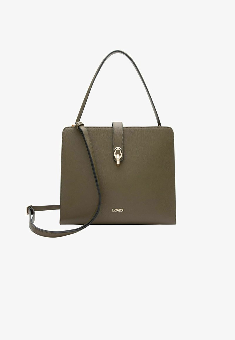 Olivgrüne Lederhandtasche mit strukturiertem Design, goldfarbener Hardware, einem vorderen Schnappverschluss und einem abnehmbaren Schulterriemen.