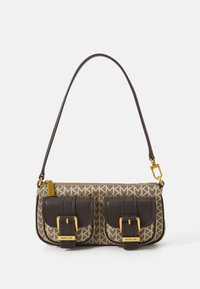 Brown leather handbag with geometric patterned canvas, two front pockets, gold hardware accents, and a single adjustable strap.