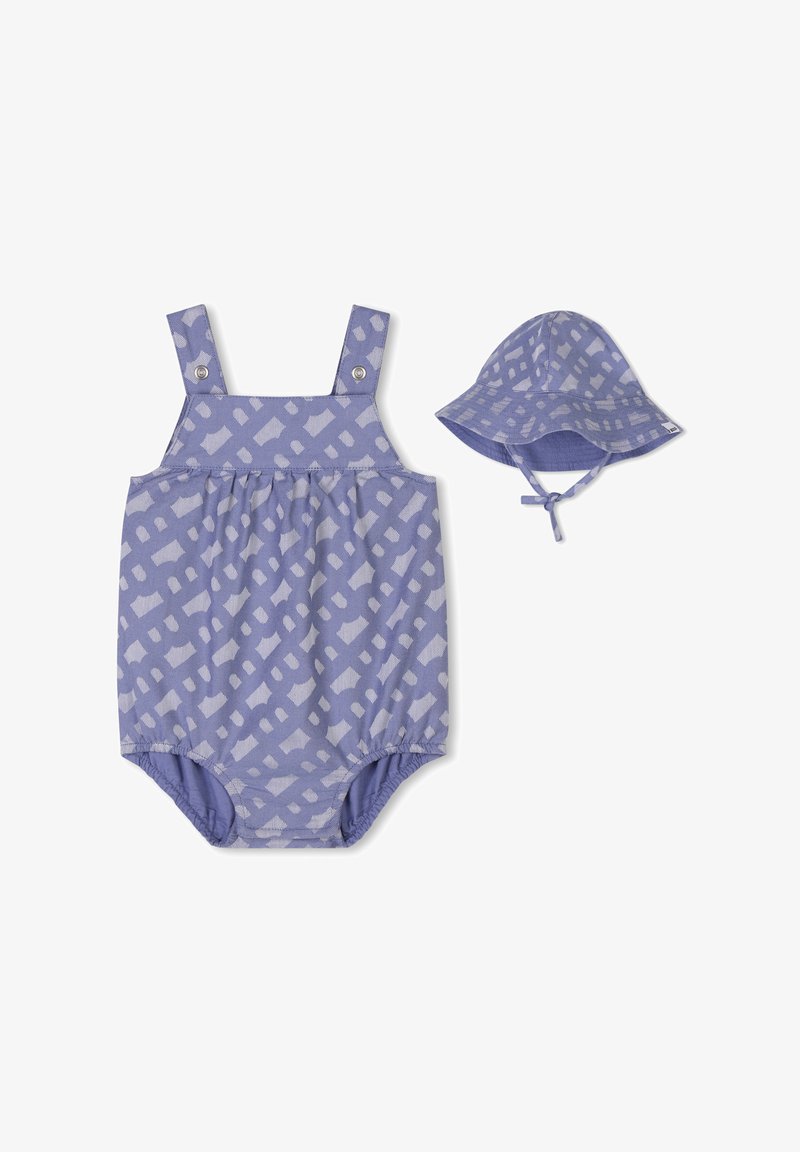 Paarse romper met een gestructureerd wit patroon, schouderbanden en drukknopen. Inclusief een bijpassende paarse bucket hat met kinbandjes.