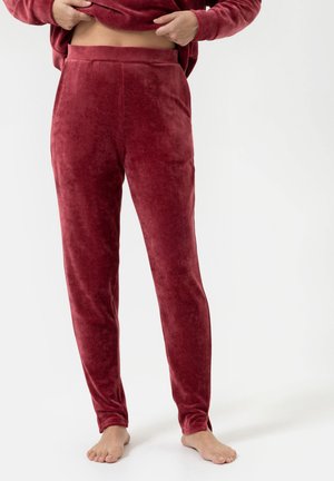 Rode velours broek met een soepele textuur en een getailleerd silhouet, voorzien van een elastische tailleband en rechte pijpen. Geen zichtbare naden.