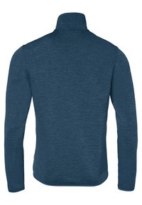 Pullover a maniche lunghe di colore blu scuro con colletto alto, caratterizzato da un motivo a coste testurizzato e un design slim fit. Tessuto morbido e resistente.