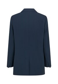 Navy blue blazer, woven fabric, single-breasted, notch lapels, long sleeves, vented back, simple and structured silhouette.