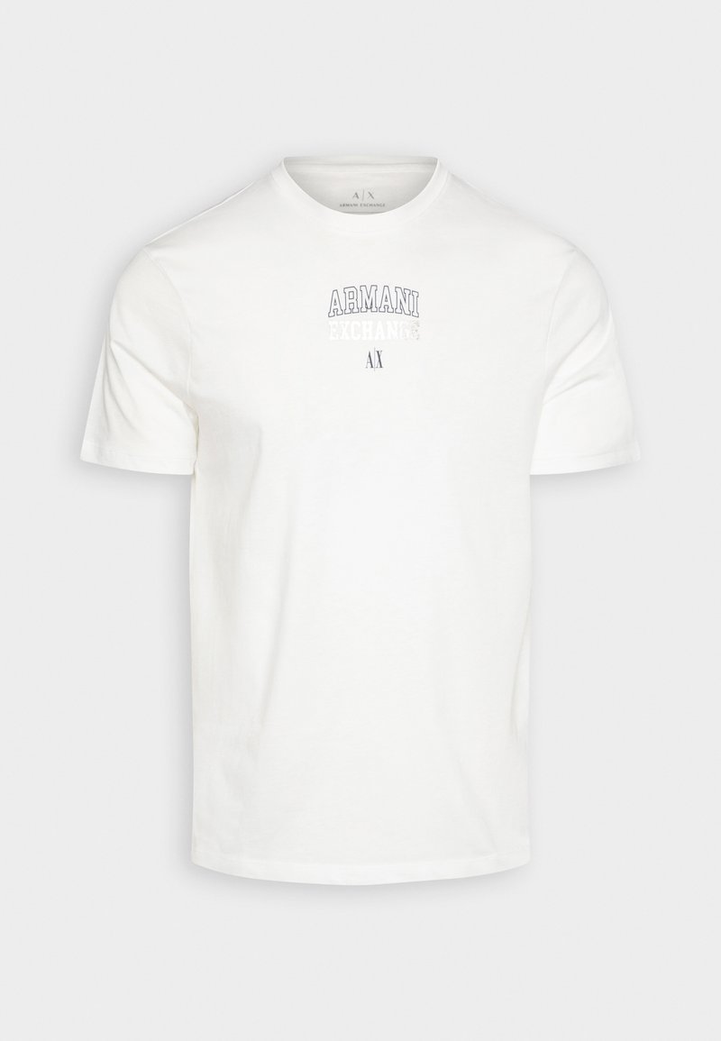 Camiseta blanca de algodón con el logotipo "Armani Exchange" en azul y gris. Diseño de mangas cortas, cuello redondo y textura suave.