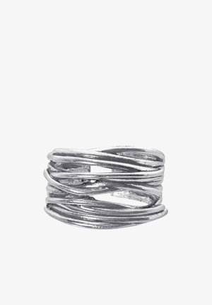 Silver metal ring with twisted, flowing design. Smooth texture, multiple wavy strands, open style, slightly polished finish.