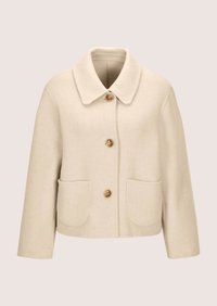 Beige Wolljacke mit weitem Kragen, drei braunen Knöpfen vorn, zwei aufgesetzten Taschen und langen Ärmeln.
