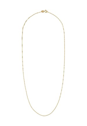 Gold necklace with a delicate, twisted design. Thin links create a smooth texture, featuring a secure clasp.