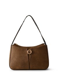 Brown textured leather shoulder bag with black strap and circular gold buckle closure in the center front.
