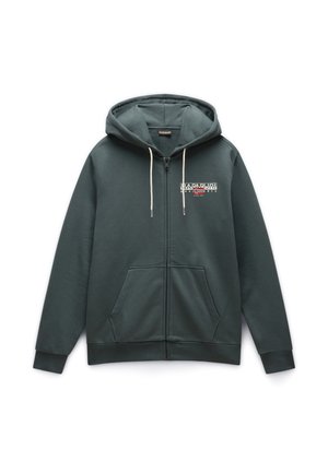 Grüne Zip-Hoodie aus weichem Stoff. Verfügbar mit einem Front-Logo, verstellbarem Kapuzen mit Kordelzügen und zwei seitlichen Taschen.