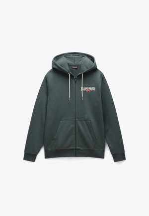 Grüne Zip-Hoodie aus weichem Stoff. Verfügbar mit einem Front-Logo, verstellbarem Kapuzen mit Kordelzügen und zwei seitlichen Taschen.