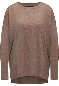 Bruine gebreide trui met een losse pasvorm, ronde halslijn, geribbelde manchetten en een gespleten zoom. Gemaakt van zachte, gestructureerde stof.