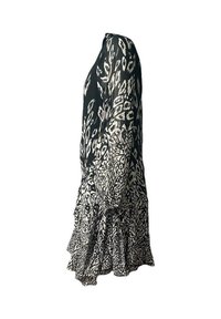 Schwarz-weiße Tiermusterkleid, lange Ärmel, rüschenbesäumt, leichtes Material, lockerer Schnitt, mit leicht tieferem Rückenausschnitt.
