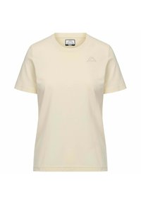 T-shirt a maniche corte, colletto rotondo, realizzato in tessuto leggero di colore giallo chiaro, caratterizzato da un piccolo logo ricamato sul petto.