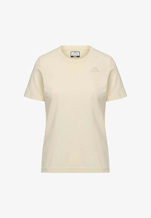 T-shirt a maniche corte, colletto rotondo, realizzato in tessuto leggero di colore giallo chiaro, caratterizzato da un piccolo logo ricamato sul petto.