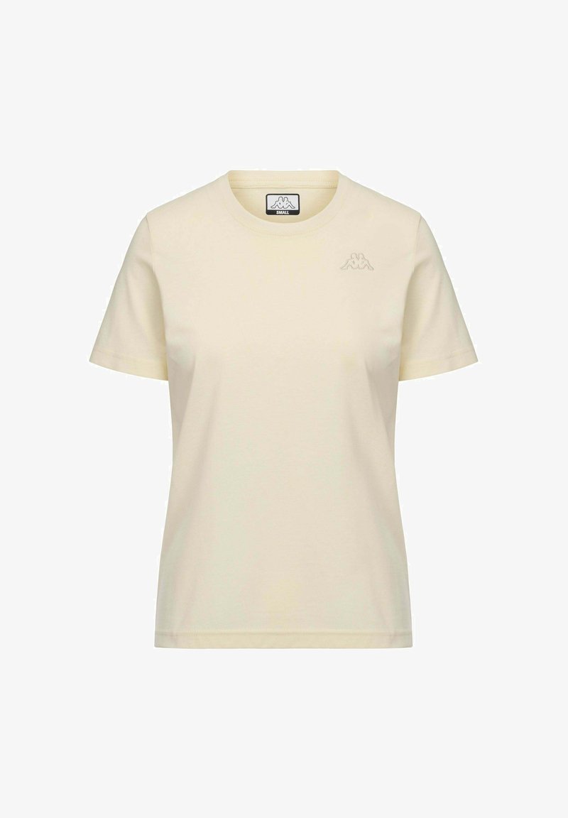 T-shirt a maniche corte, colletto rotondo, realizzato in tessuto leggero di colore giallo chiaro, caratterizzato da un piccolo logo ricamato sul petto.