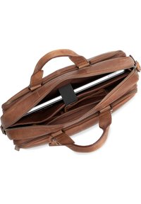 Sacoche pour ordinateur portable en cuir marron avec double fermeture éclair, plusieurs compartiments et poignées solides. Comprend un intérieur rembourré et une sangle élastique pour l'appareil.