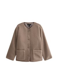 Bruine fleece jas met een ronde hals, zeven knopen aan de voorkant en twee opgestikte zakken. Zachte textuur en relaxed fit.