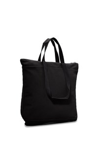 Svart canvas totebag med to håndtak på toppen, glidelås lukking, rektangulær form og minimalistisk design. Teksturlignende stoff med subtil søm.