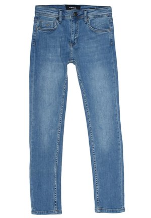 Blauwe spijkerbroek met een rechte pijpvorm, voorzien van voor- en achterzakken, een knoopsluiting en een vervaagde wassing voor textuur.