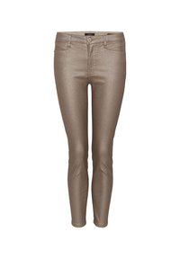 Jean skinny de couleur bronze métallisé avec fermeture avant par bouton et zip, passants de ceinture, poches avant et arrière.