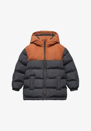 Tofarvet dunjakke med rustorange øverste sektion og mørkegrå nederste sektion, lynlås foran, hætte og forlommer.