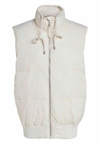 Krémová bezrukávová prošívaná vesta s vysokým límcem, předním zipem a elastickým spodním lemem. Hladká textura s jemným leskem.