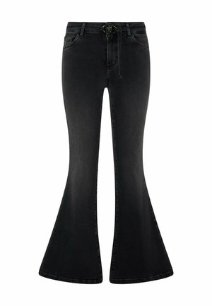 Czarne dzwony z wysokim stanem, przednimi kieszeniami, zapięciem na guzik i zamek oraz ozdobą sznurowania w pasie.