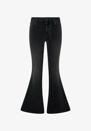 Czarne dzwony z wysokim stanem, przednimi kieszeniami, zapięciem na guzik i zamek oraz ozdobą sznurowania w pasie.