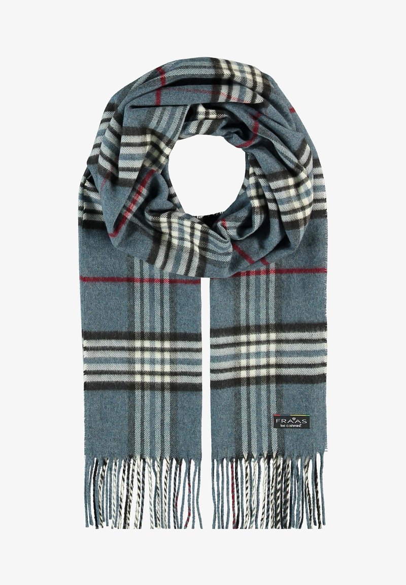 Blå plaid tørklæde lavet af blødt uld, med røde og sorte striber, afsluttet med hvide frynser og en lille sort label i den ene ende.