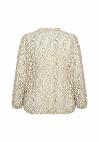 Blonde bluse, beige med sorte blomster mønstre, lange ærmer, rund halsudskæring, tekstureret stof, løs pasform, elegant detaljering på ryggen.