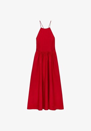 Rochie roșie fără mâneci, cu un corset ajustat și fustă completă, fluidă. Fabricată dintr-un material neted, prezintă bretele subțiri și o talie gathered.