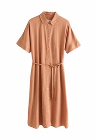 Robe à manches courtes en terracotta, avec un devant à boutons, une taille ceinturée, fabriquée en tissu léger, avec une silhouette simple et un ourlet arrondi.