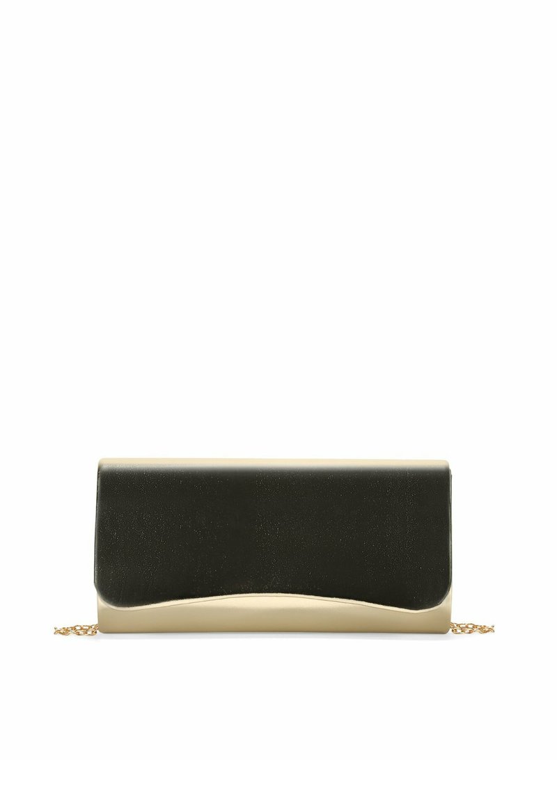 Bolso de mano con una parte superior negra suave y un fondo metálico dorado, que presenta un diseño de borde redondeado y una correa de cadena dorada.