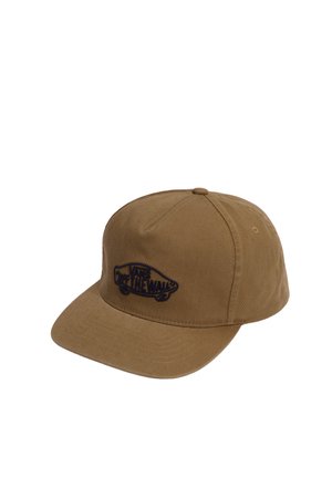 Brun baseballkasket med et sort Vans "Off The Wall" skateboardlogo på frontpanelet og en buet skygge.