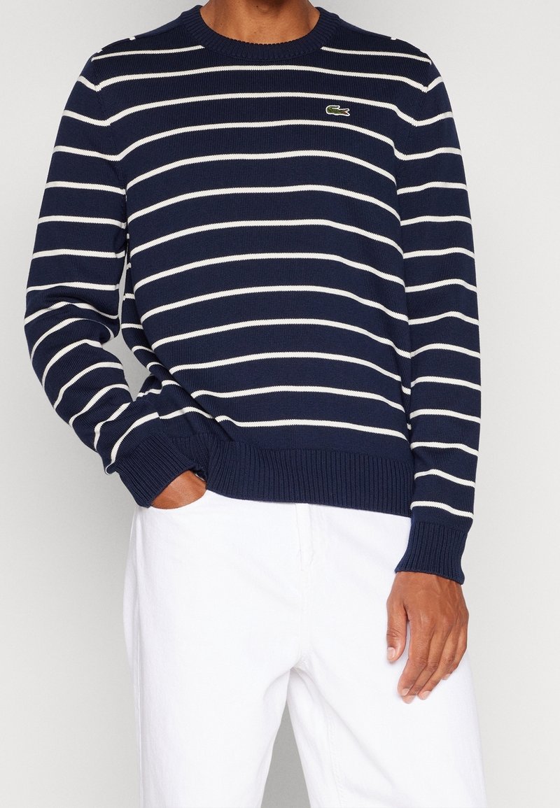 Pull rayé marine en tissu tricoté avec des rayures horizontales blanches. Dispose d'un col rond à côtes et de poignets côtelés, ainsi qu'un petit logo.