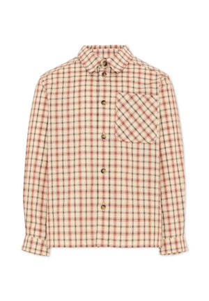 Camicia a quadri beige a maniche lunghe con taschino sul petto, colletto con bottoni e bottoni scuri al centro.