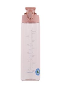 Clear plastic water bottle with a pink flip-top lid and a measurement scale. Branding on the front and a green eco-friendly label.