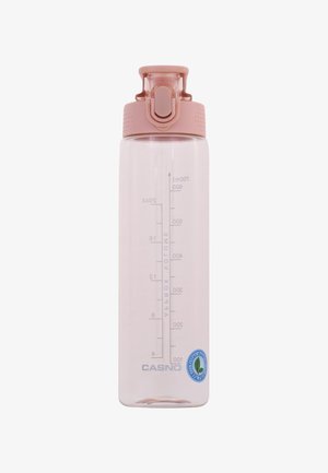 Clear plastic water bottle with a pink flip-top lid and a measurement scale. Branding on the front and a green eco-friendly label.