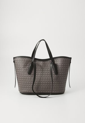 Patterned tote bag in gray with black leather accents. Features dual handles and a spacious, structured design. Smooth texture.