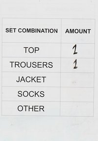 Stalas, kuriame išvardyti drabužių daiktai su ranka rašytomis sumomis: viršus 1, kelnės 1, švarkas, kojinės ir kiti be nurodytų sumų.