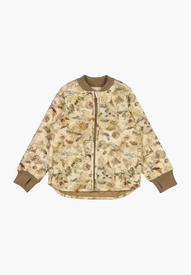 Veste bomber marron clair avec fermeture éclair, en tissu texturé orné d'imprimés colorés d'objets et de motifs marins.