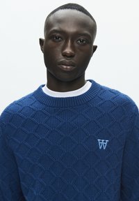 Pull en maille texturée bleu avec un motif en losange et un col côtelé, présentant un "W" bleu clair brodé sur la poitrine.